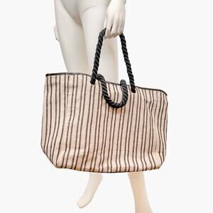NWOT LANCOME PARIS Textured Striped Beach Tote Bag (Cream/Black)